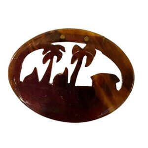 Vintage Brown Lucite Oval Brooch With Palm Tree & Hut Design